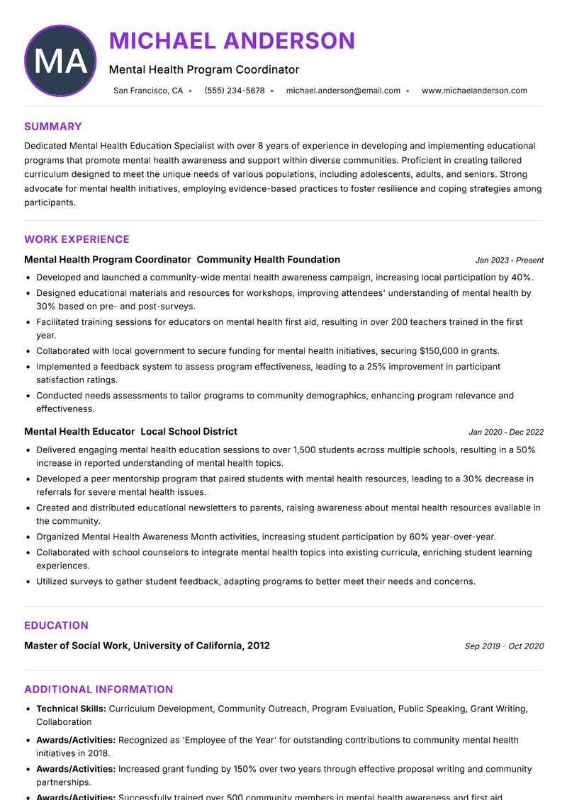 Mental Health Education Specialist resume example