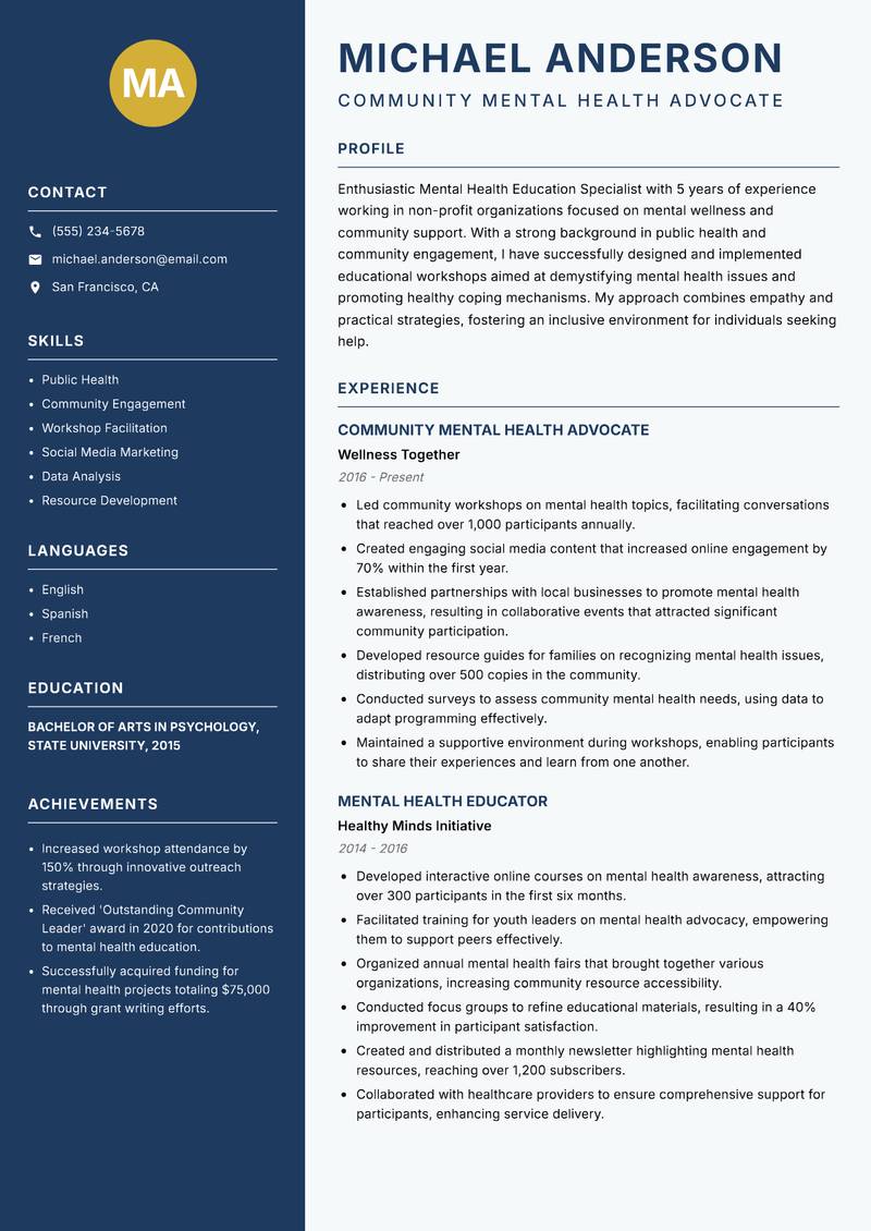 Mental Health Education Specialist resume sample — Community Mental Health Advocate focus