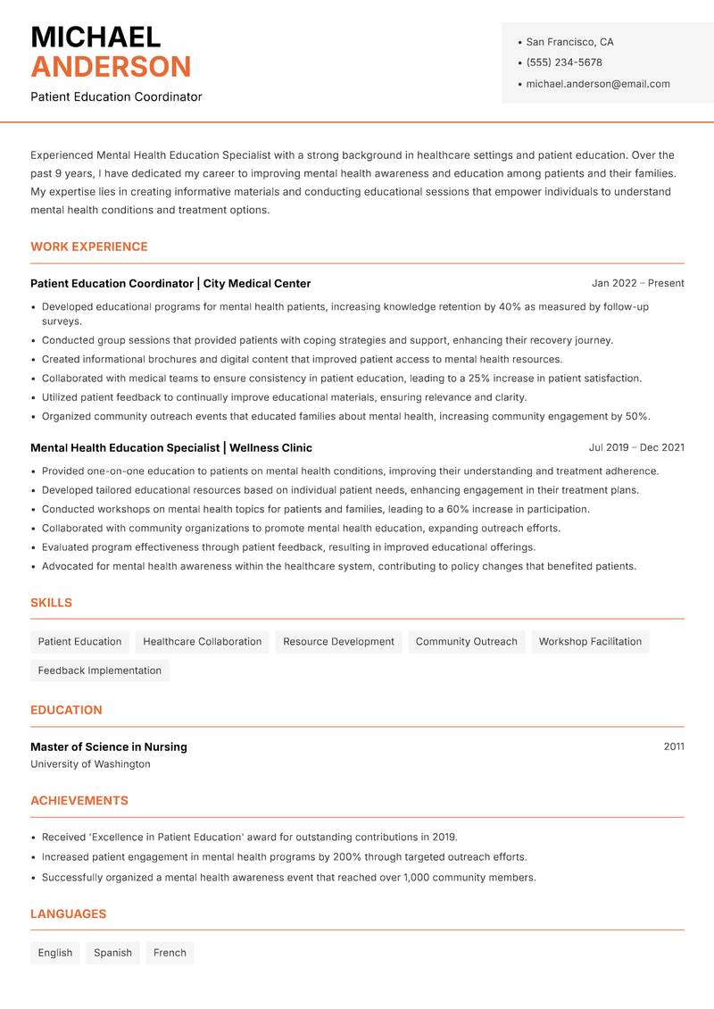 Mental Health Education Specialist resume sample — Patient Education Coordinator focus