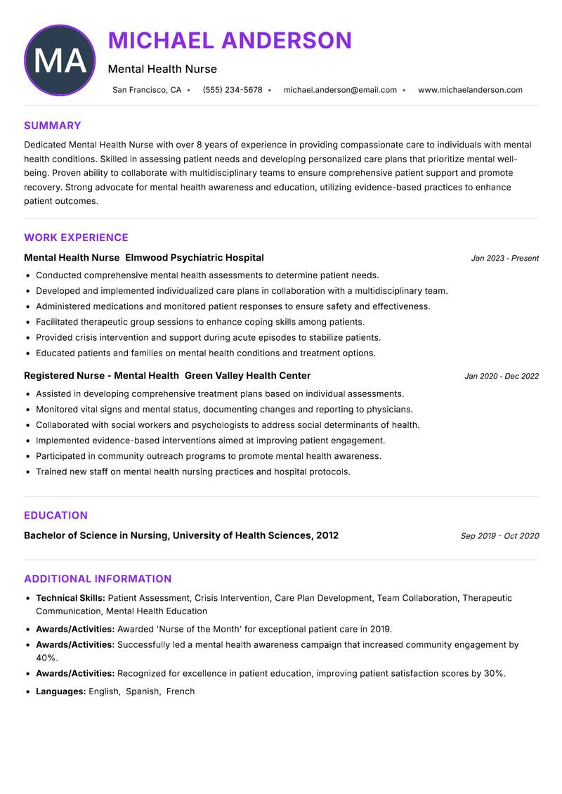 Mental Health Nurse resume example