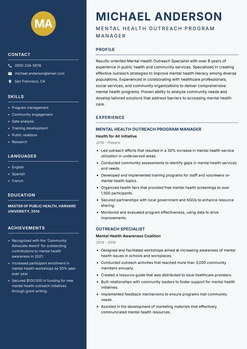 Mental Health Outreach Specialist resume sample — Mental Health Outreach Program Manager focus