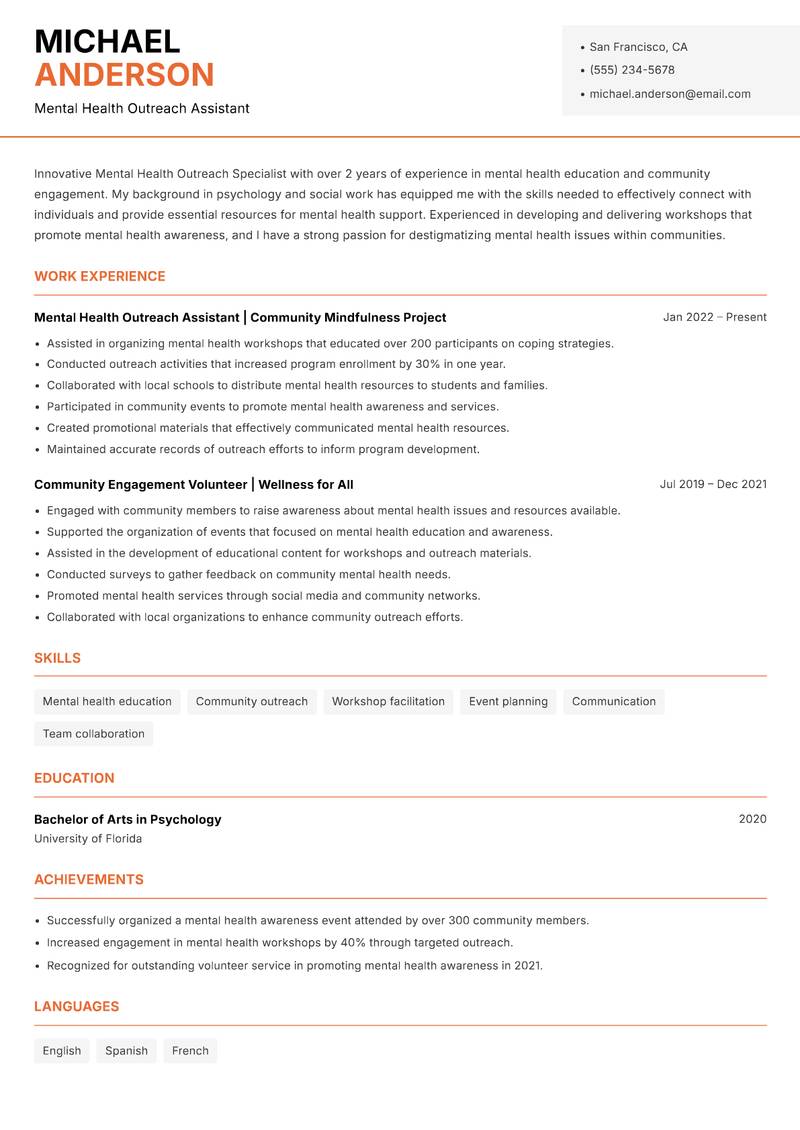 Mental Health Outreach Specialist resume sample — Mental Health Outreach Assistant focus