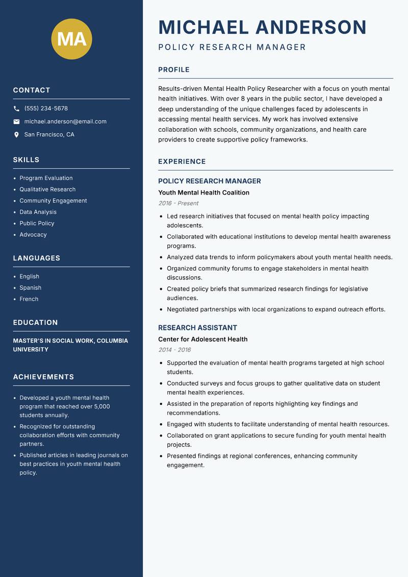 Mental Health Policy Researcher resume sample — Policy Research Manager focus