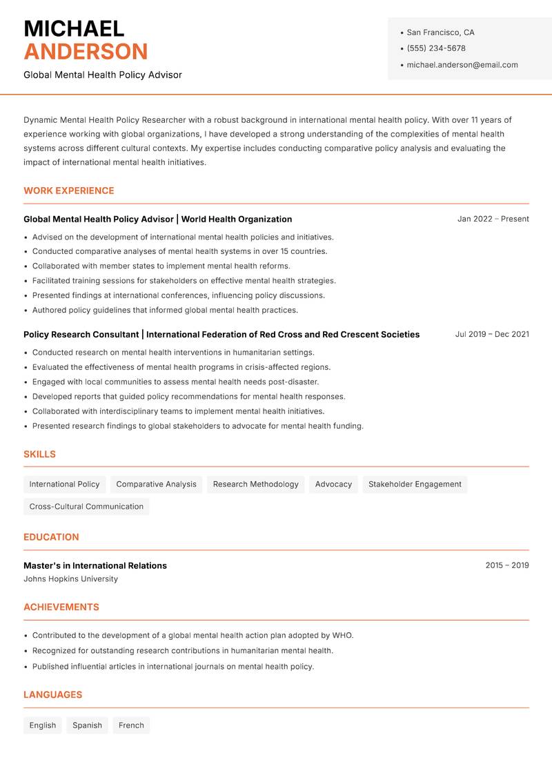 Mental Health Policy Researcher resume sample — Global Mental Health Policy Advisor focus
