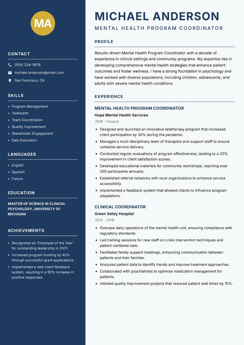 Mental Health Program Coordinator resume sample — Mental Health Program Coordinator focus