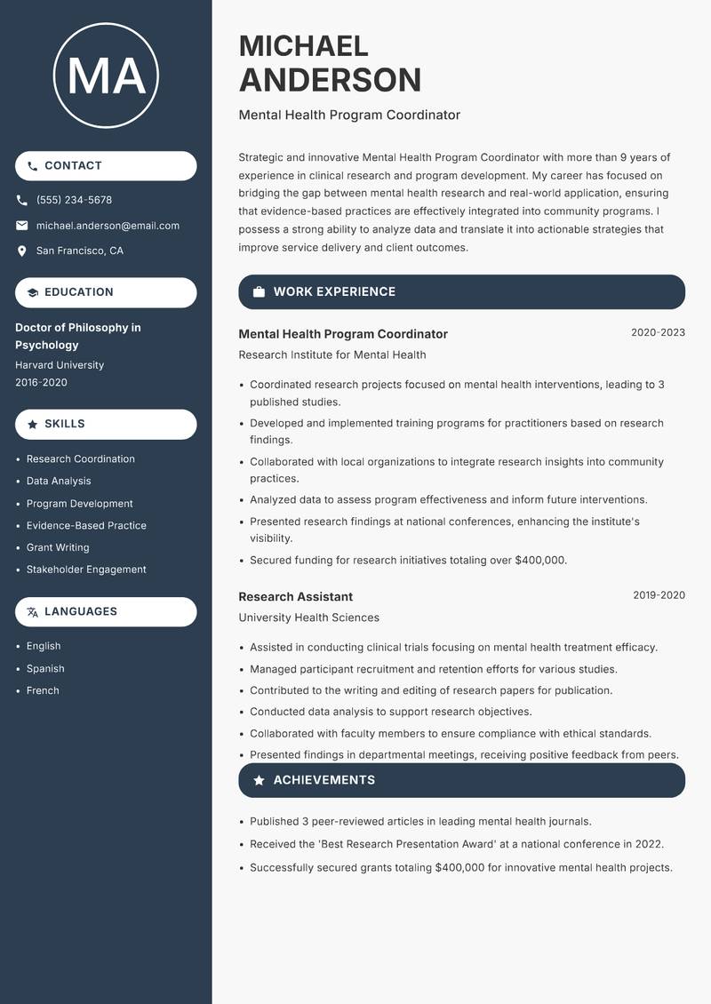 Mental Health Program Coordinator resume sample — Mental Health Program Coordinator focus