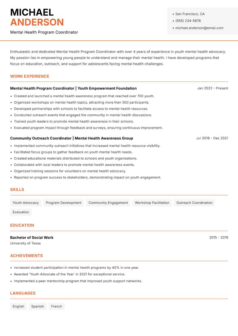 Mental Health Program Coordinator resume sample — Mental Health Program Coordinator focus
