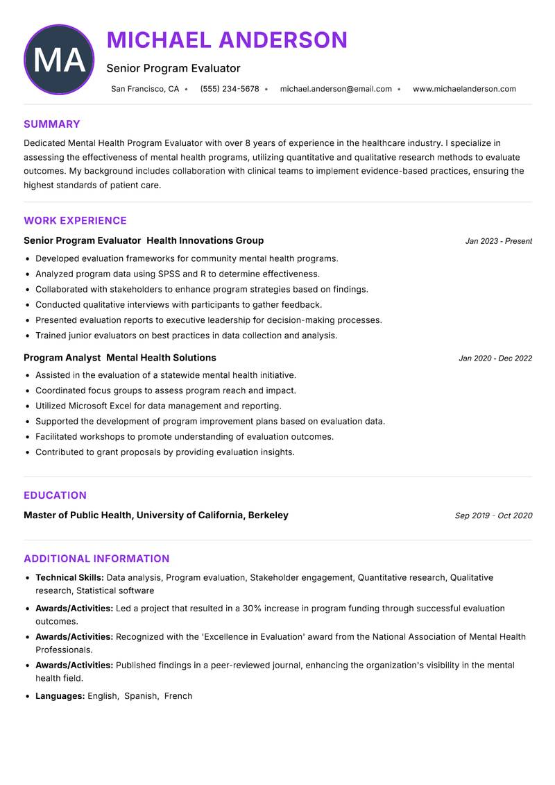 Mental Health Program Evaluator resume example
