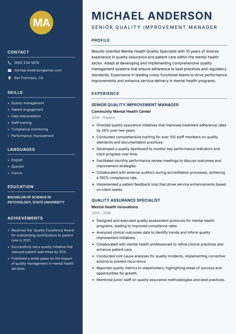 Mental Health Quality Specialist resume sample — Senior Quality Improvement Manager focus