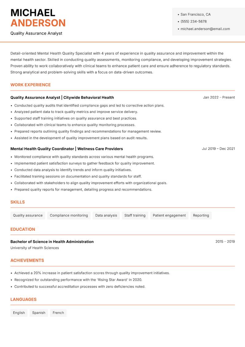 Mental Health Quality Specialist resume sample — Quality Assurance Analyst focus