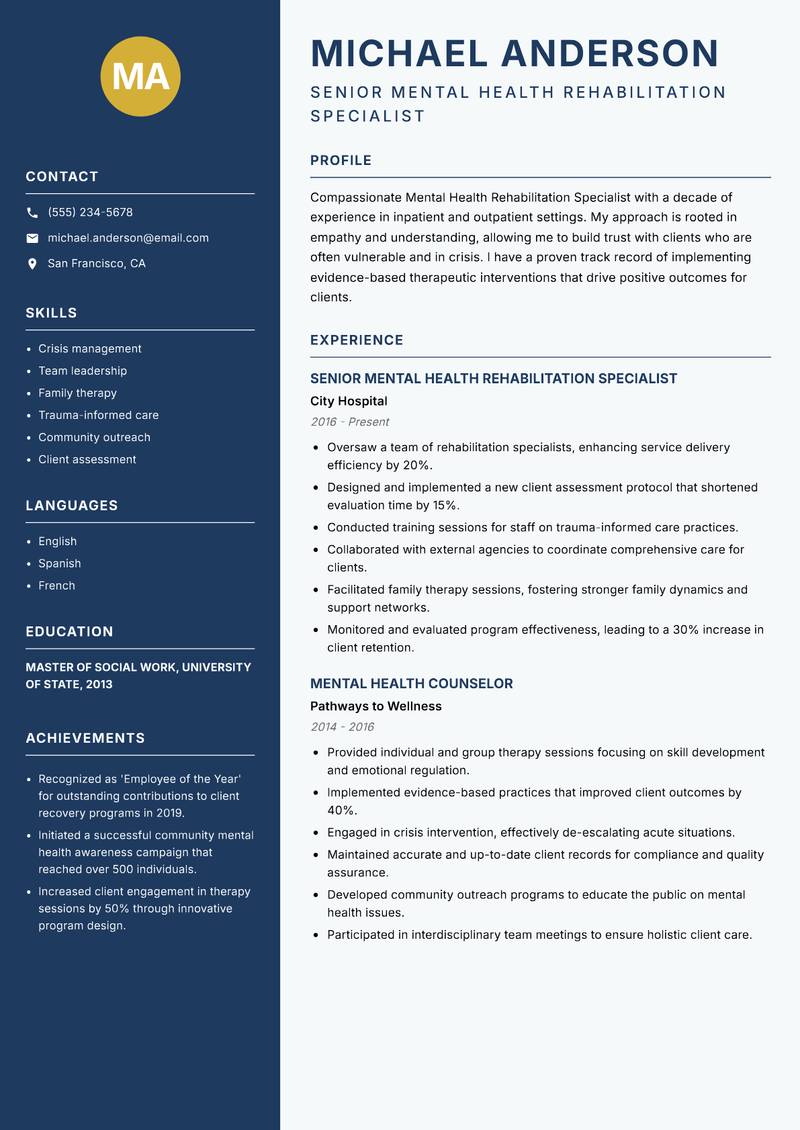 Mental Health Rehabilitation Specialist resume sample — Senior Mental Health Rehabilitation Specialist focus