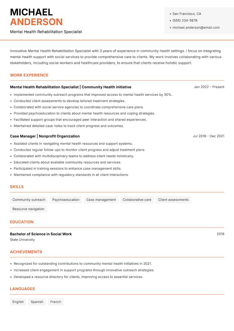 Mental Health Rehabilitation Specialist resume sample — Mental Health Rehabilitation Specialist focus