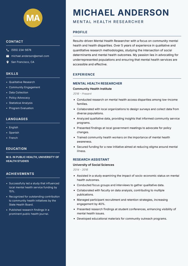 Mental Health Researcher resume sample — Mental Health Researcher focus