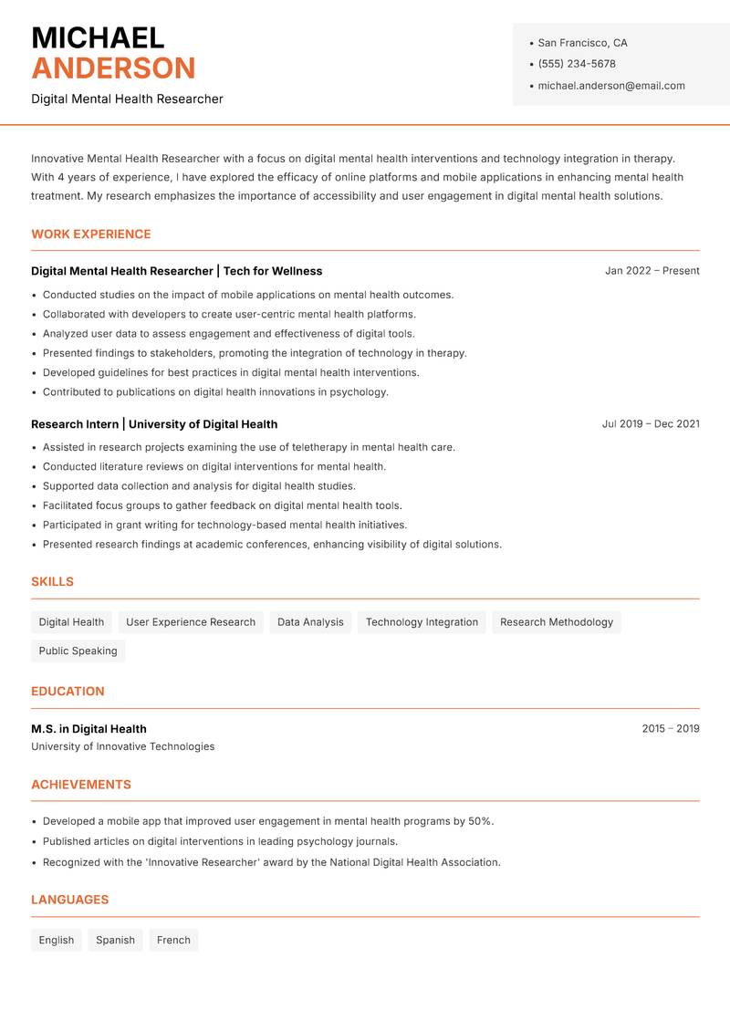 Mental Health Researcher resume sample — Digital Mental Health Researcher focus