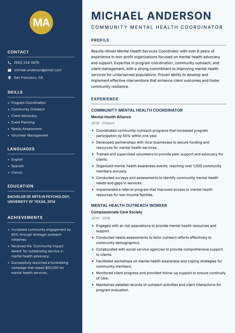 Mental Health Services Coordinator resume sample — Community Mental Health Coordinator focus