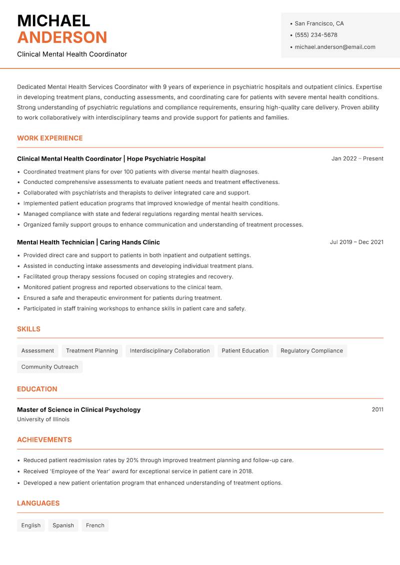 Mental Health Services Coordinator resume sample — Clinical Mental Health Coordinator focus