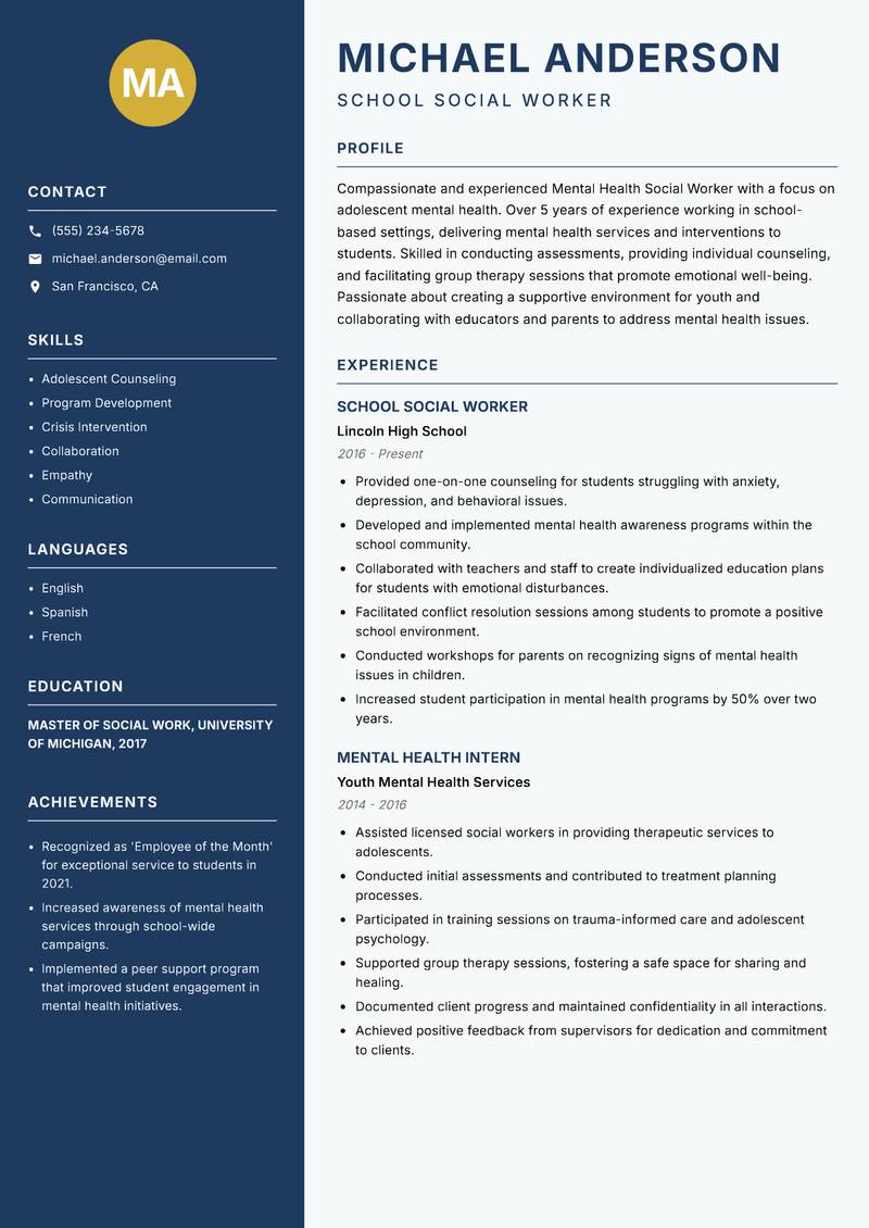 Mental Health Social Worker resume sample — School Social Worker focus