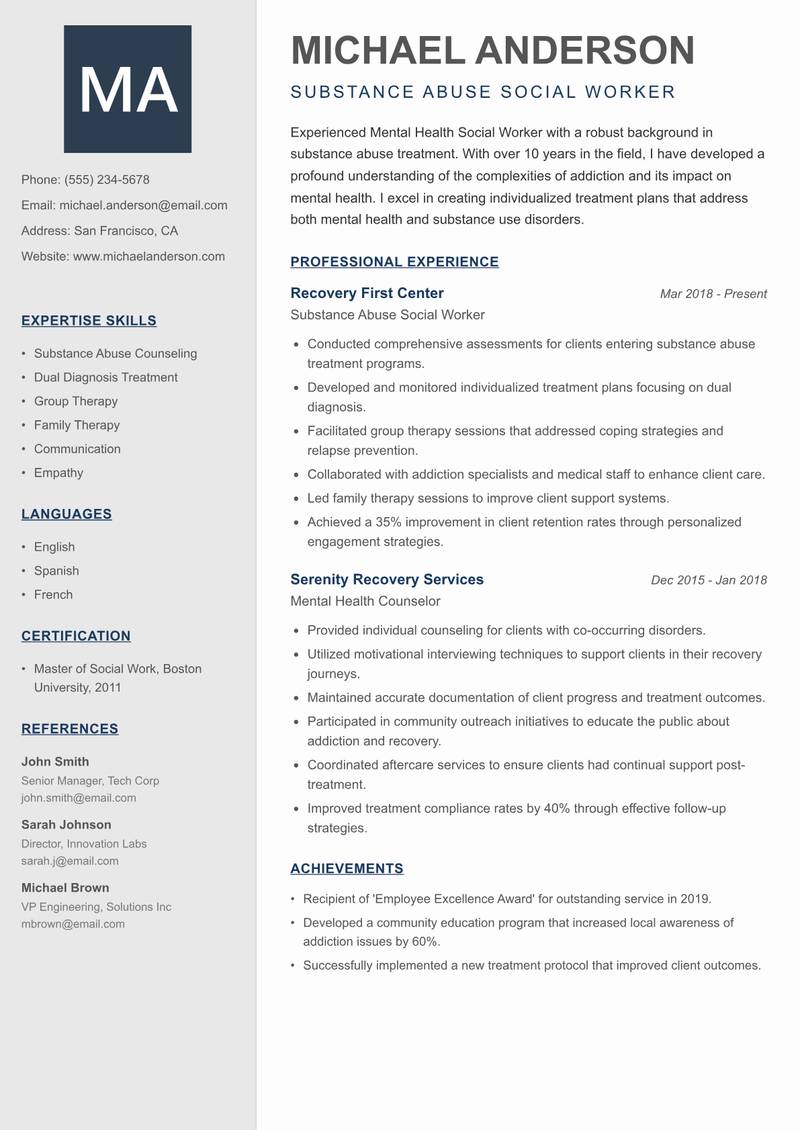 Mental Health Social Worker resume sample — Substance Abuse Social Worker focus