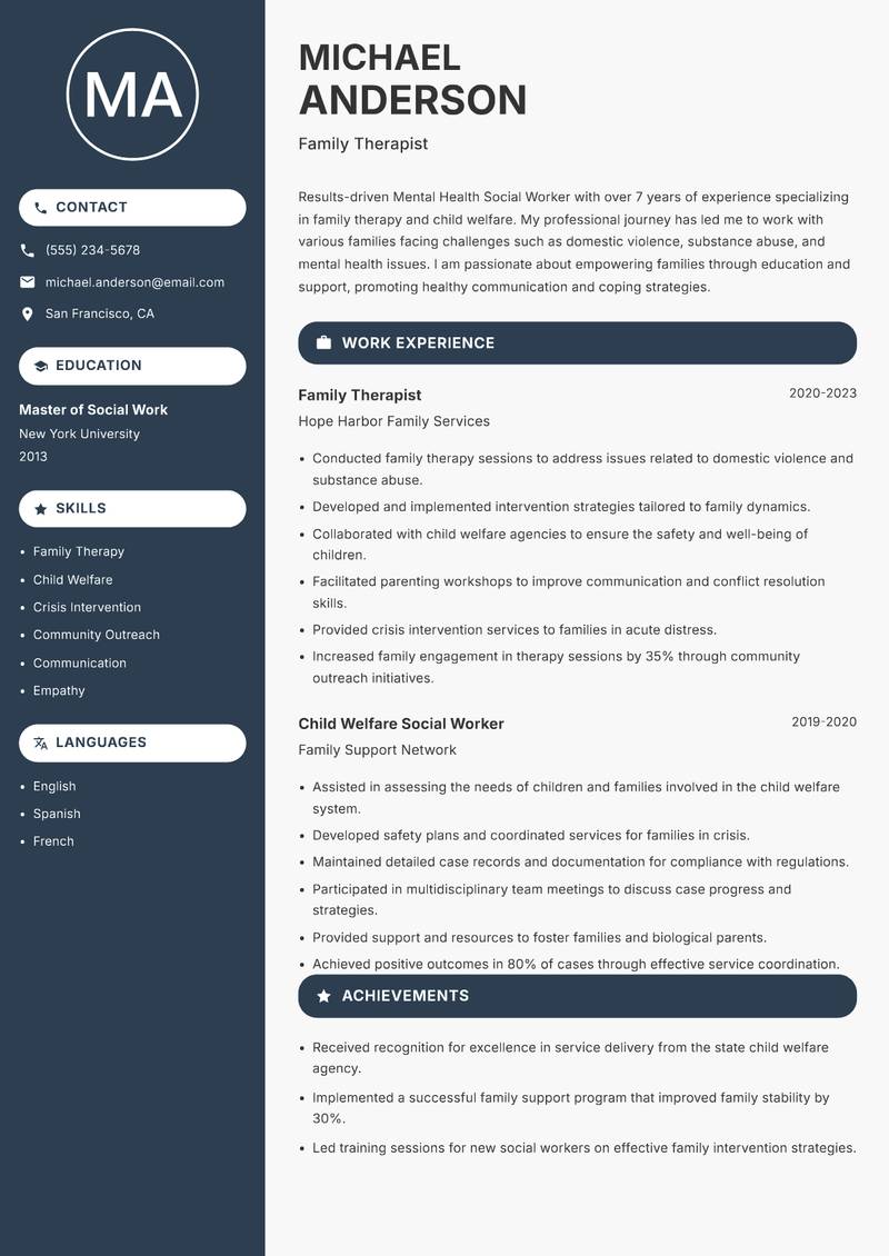 Mental Health Social Worker resume sample — Family Therapist focus