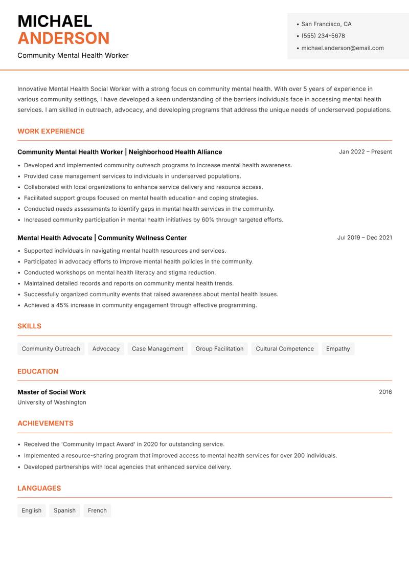 Mental Health Social Worker resume sample — Community Mental Health Worker focus