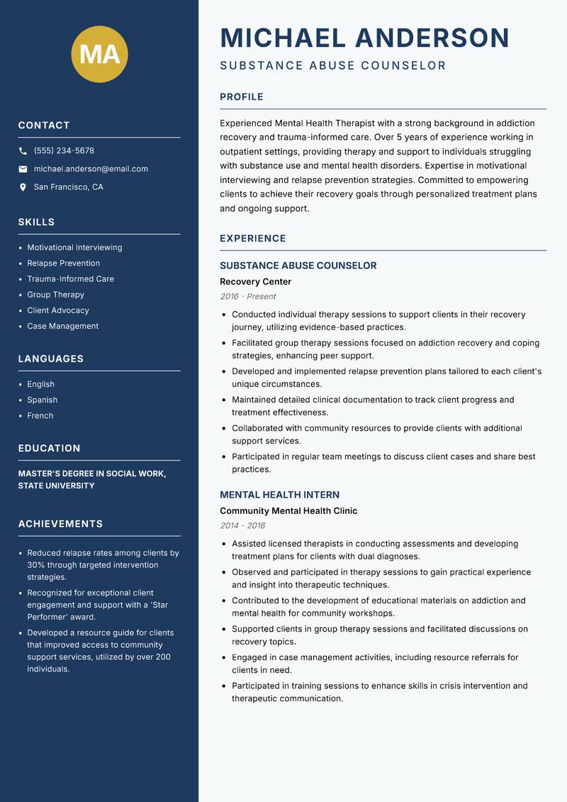 Mental Health Therapist resume sample — Substance Abuse Counselor focus