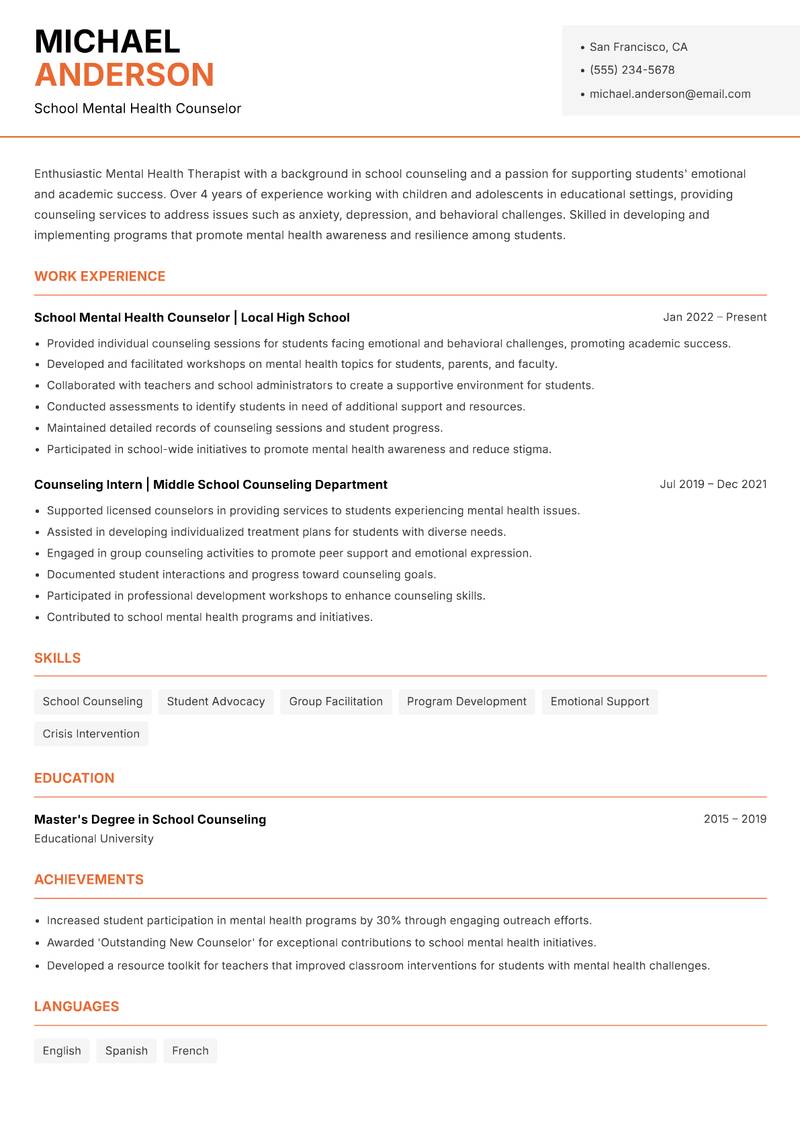 Mental Health Therapist resume sample — School Mental Health Counselor focus