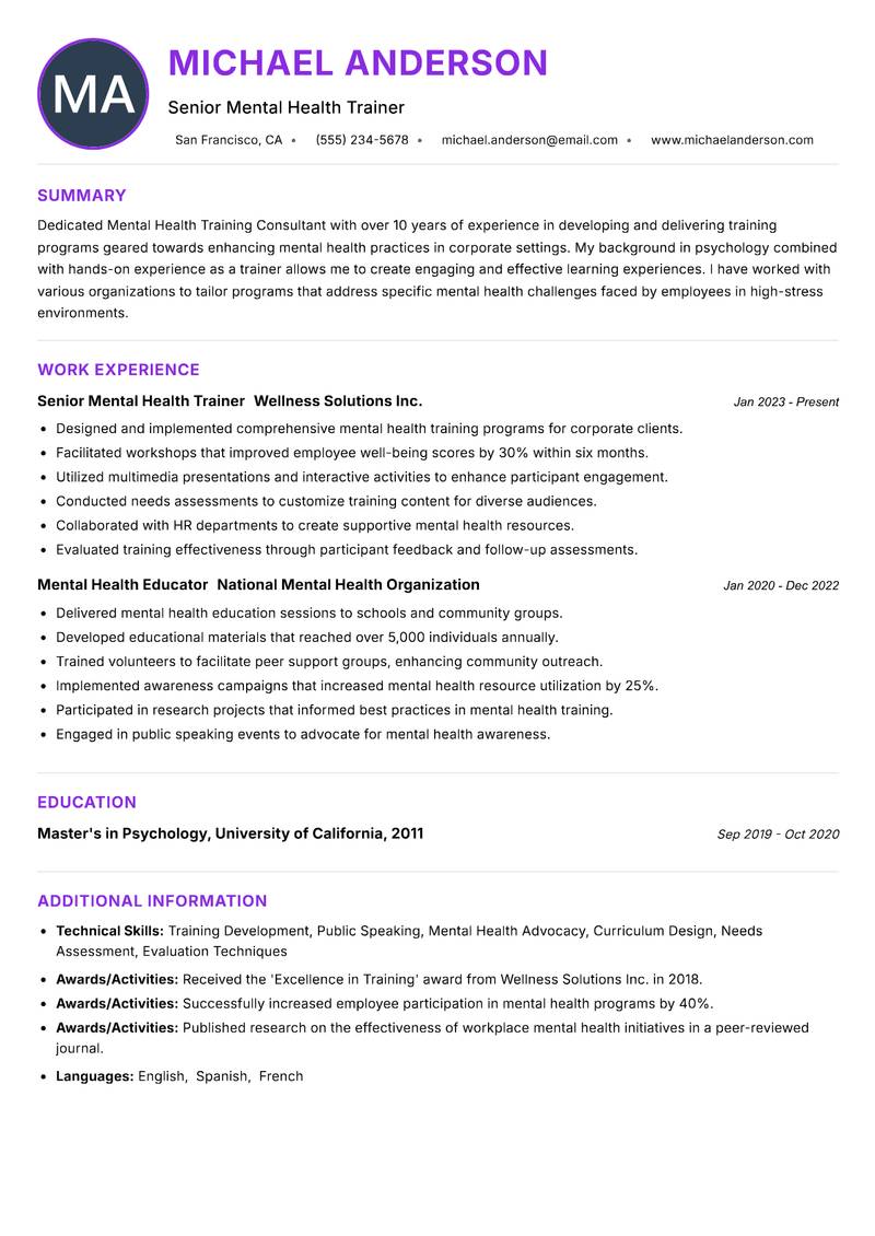 Mental Health Training Consultant resume example