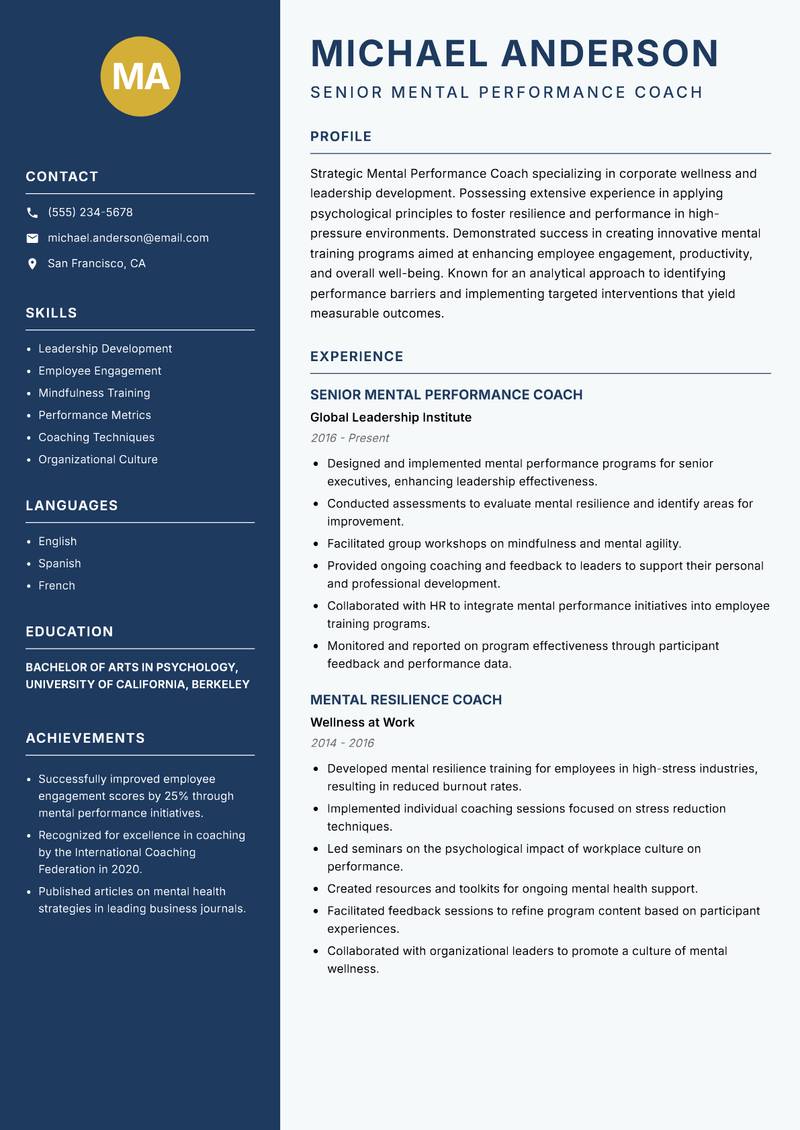 Mental Performance Coach resume sample — Senior Mental Performance Coach focus