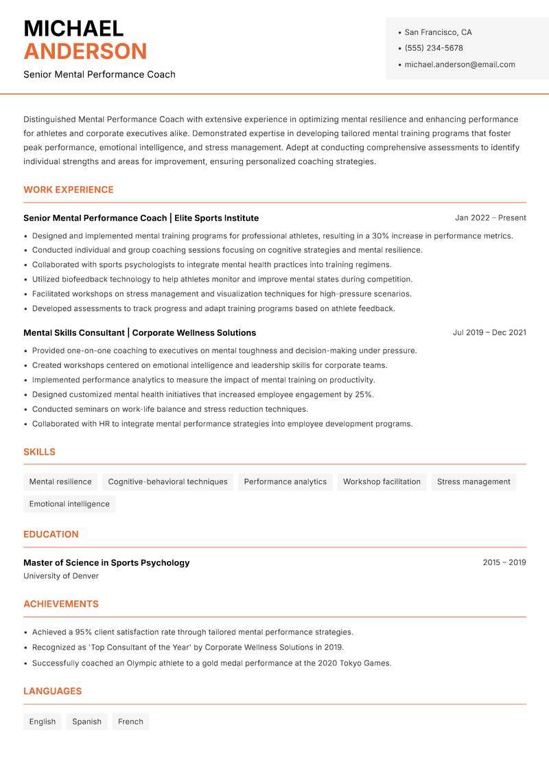 Mental Performance Coach resume sample — Senior Mental Performance Coach focus