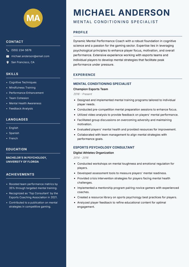 Mental Performance Coach Gaming resume sample — Mental Conditioning Specialist focus