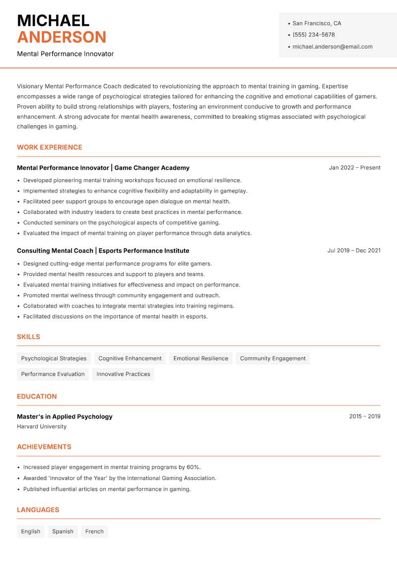 Mental Performance Coach Gaming resume sample — Mental Performance Innovator focus