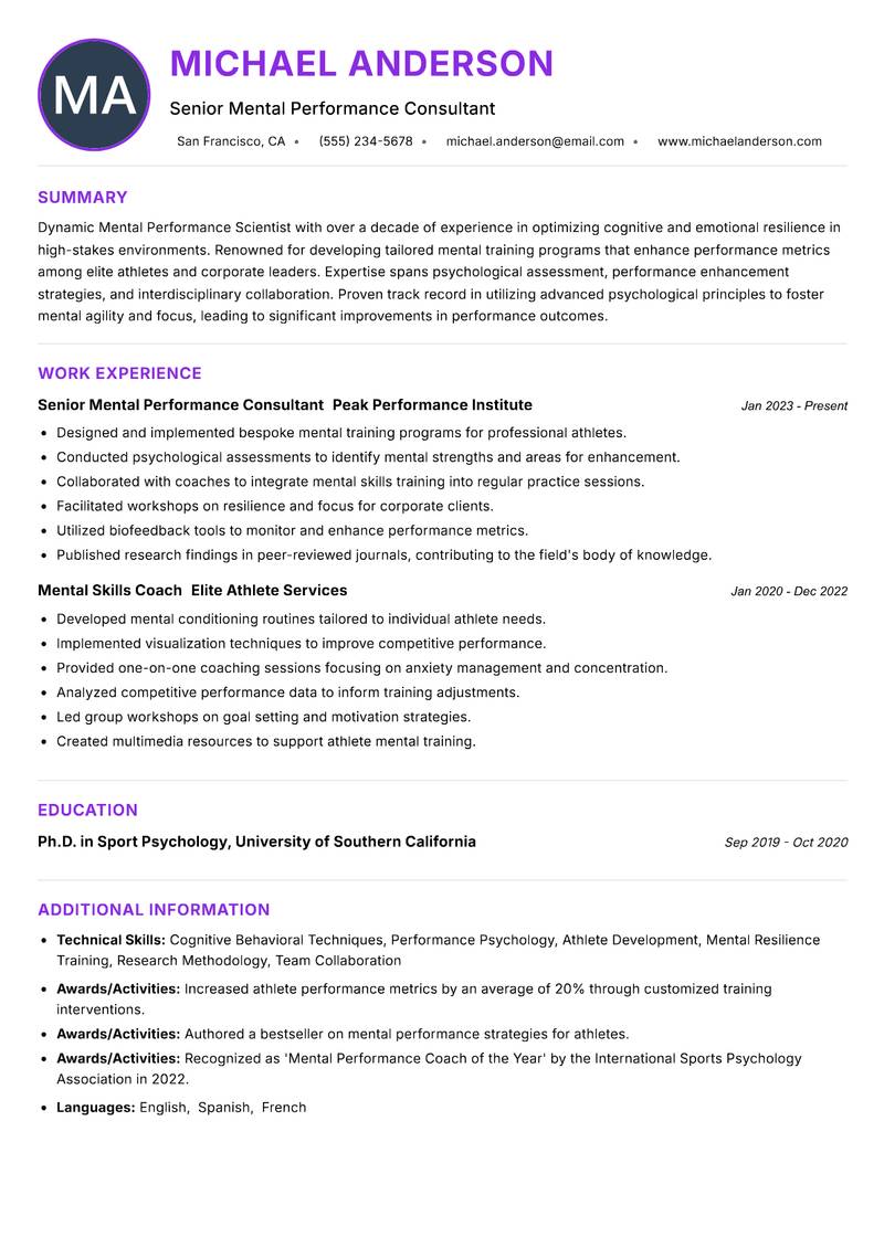 Mental Performance Scientist resume example