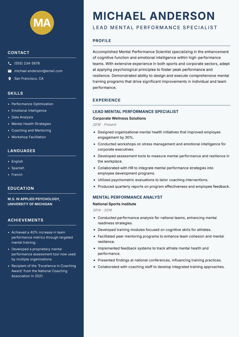 Mental Performance Scientist resume sample — Lead Mental Performance Specialist focus