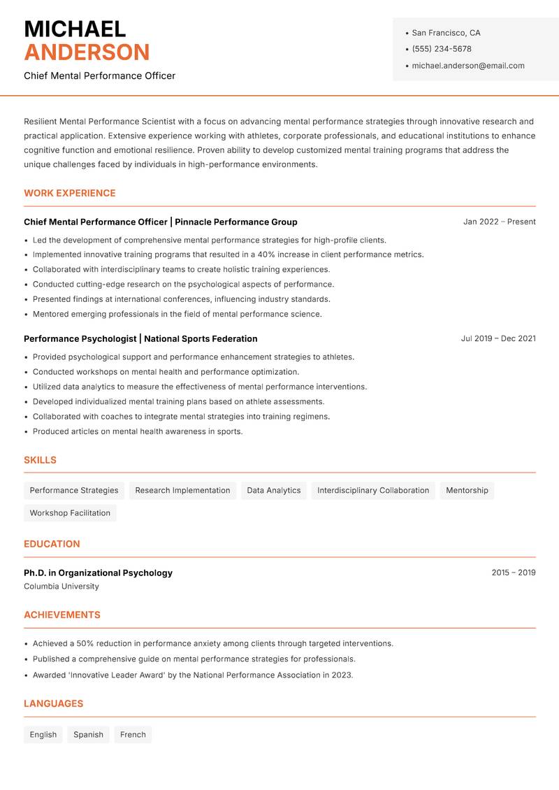 Mental Performance Scientist resume sample — Chief Mental Performance Officer focus