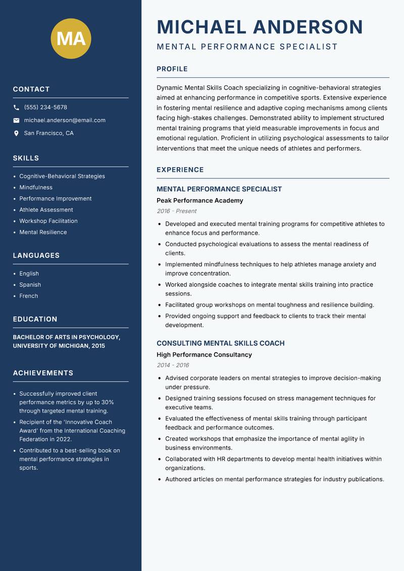 Mental Skills Coach resume sample — Mental Performance Specialist focus