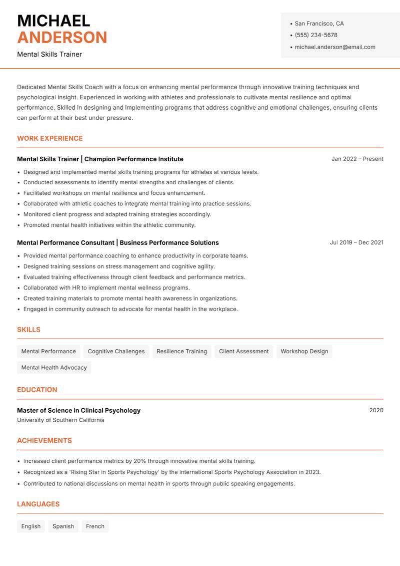 Mental Skills Coach resume sample — Mental Skills Trainer focus