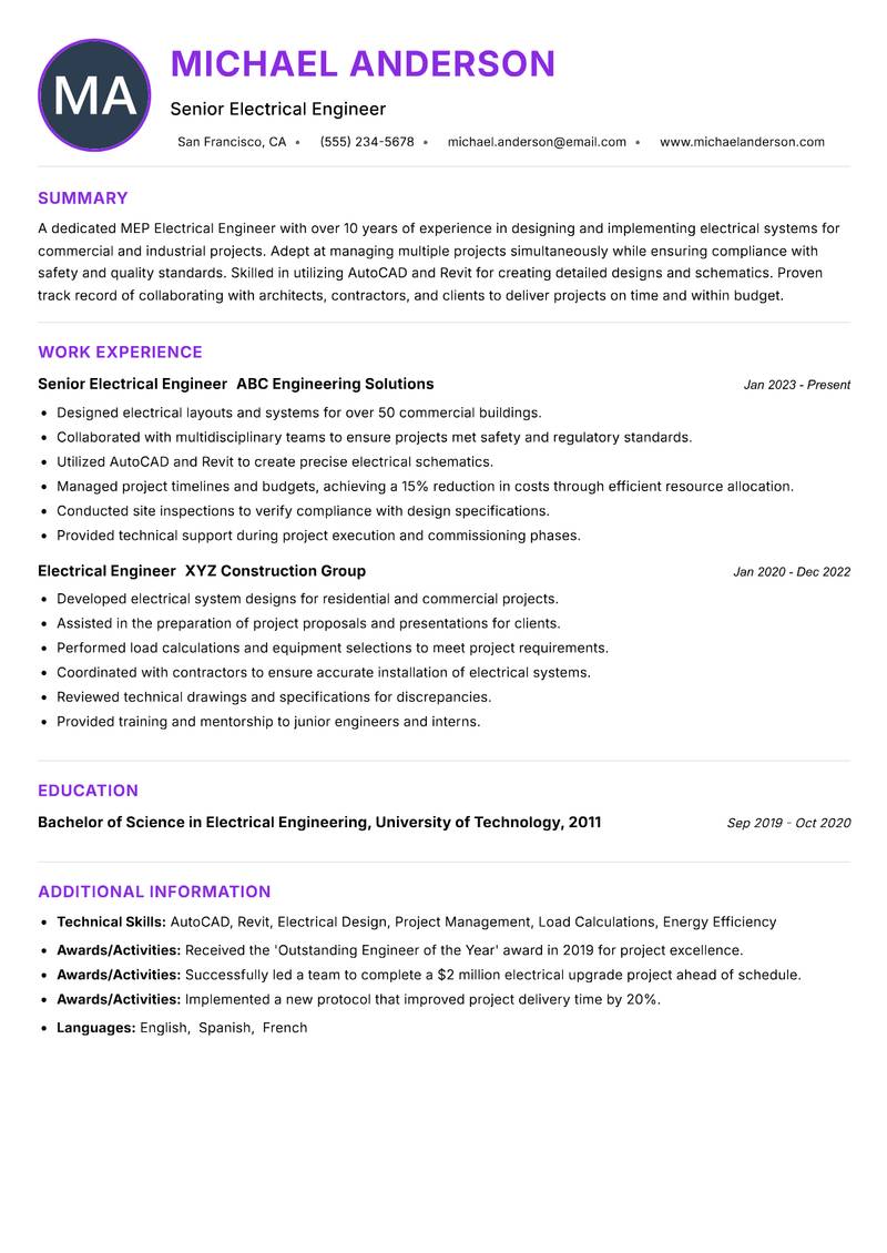 MEP Electrical Engineer resume example