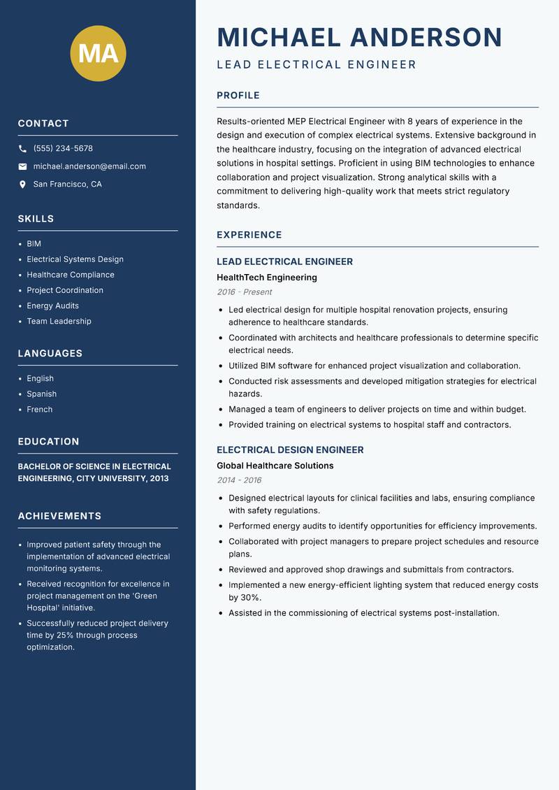 MEP Electrical Engineer resume sample — Lead Electrical Engineer focus
