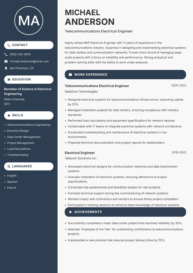 MEP Electrical Engineer resume sample — Telecommunications Electrical Engineer focus