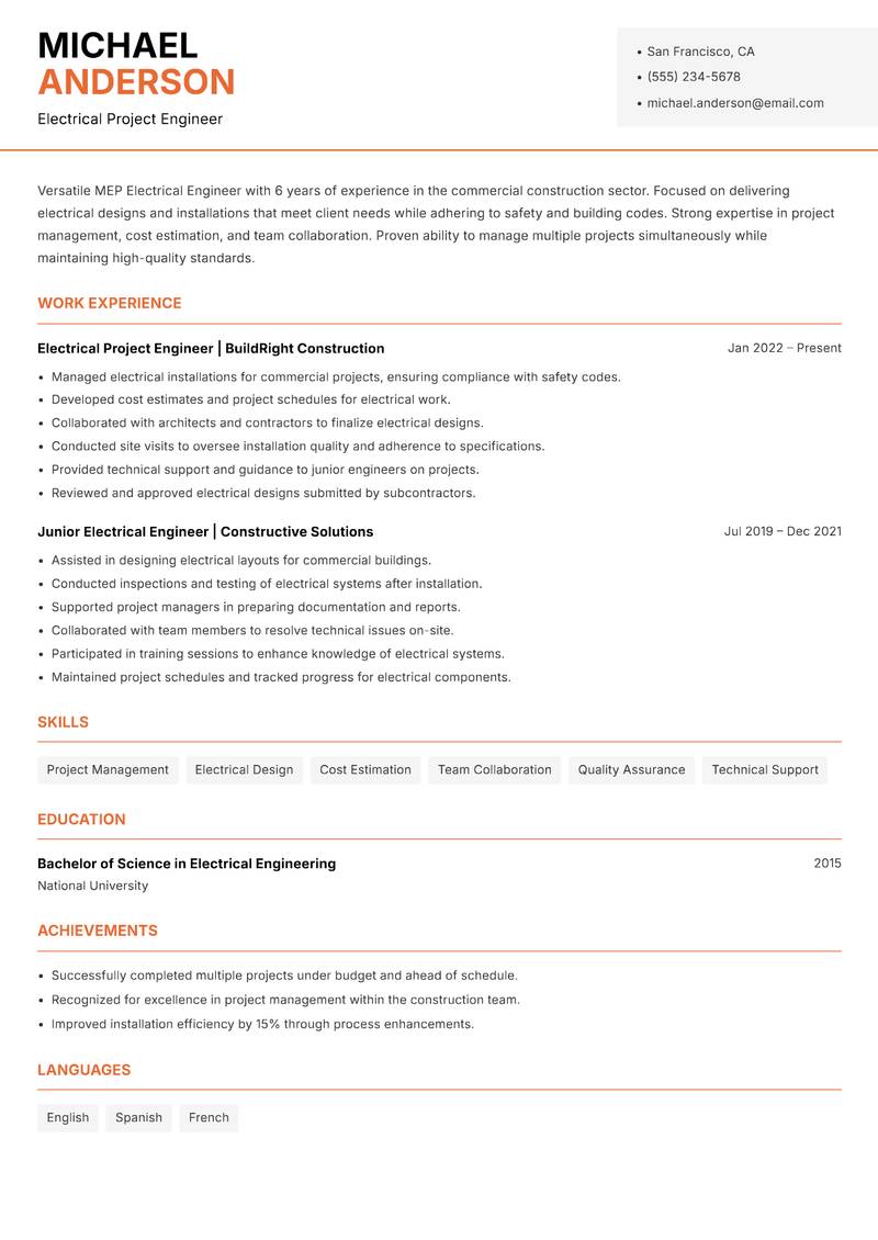 MEP Electrical Engineer resume sample — Electrical Project Engineer focus