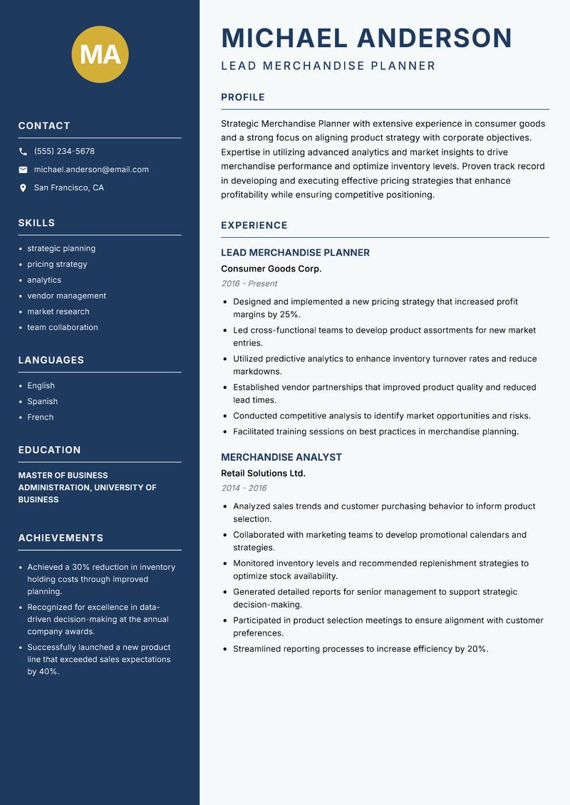 Merchandise Planner resume sample — Lead Merchandise Planner focus