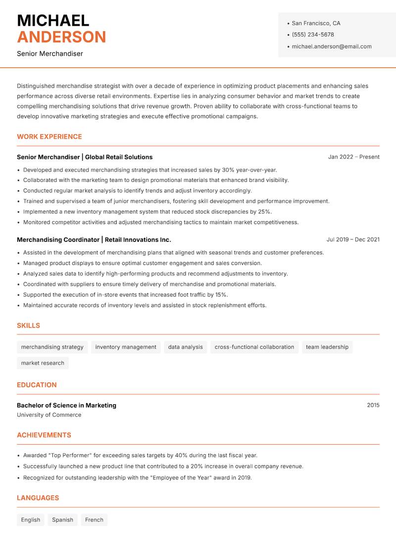 Merchandiser resume sample — Senior Merchandiser focus