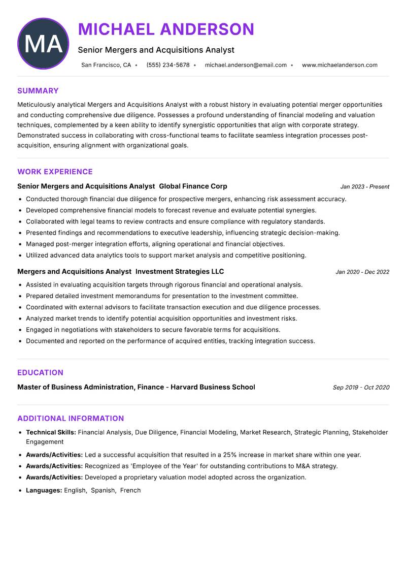 Mergers and Acquisitions Analyst resume example
