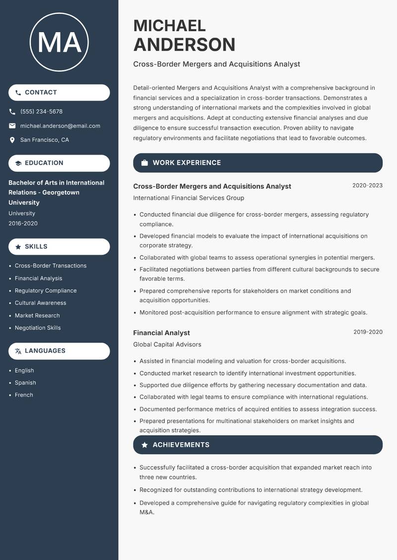 Mergers and Acquisitions Analyst resume sample — Cross-Border Mergers and Acquisitions Analyst focus