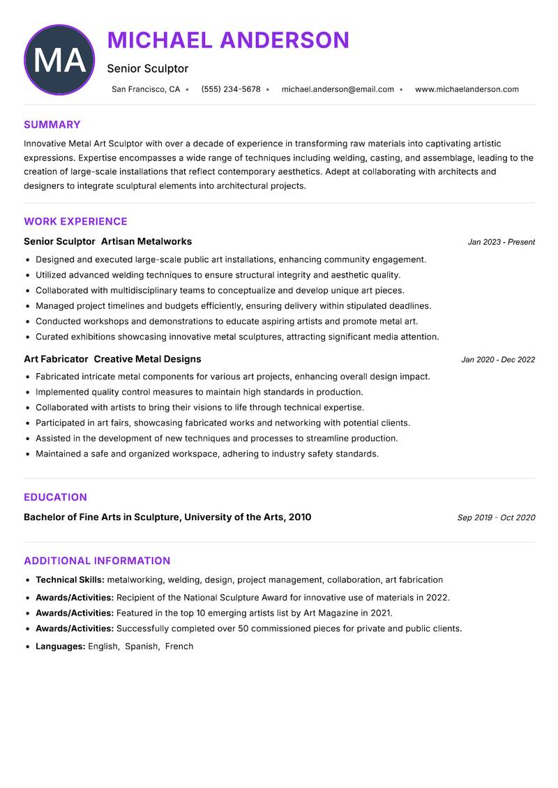 Metal Art Sculptor resume example
