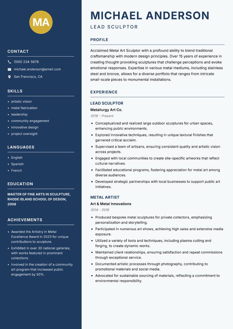 Metal Art Sculptor resume sample — Lead Sculptor focus