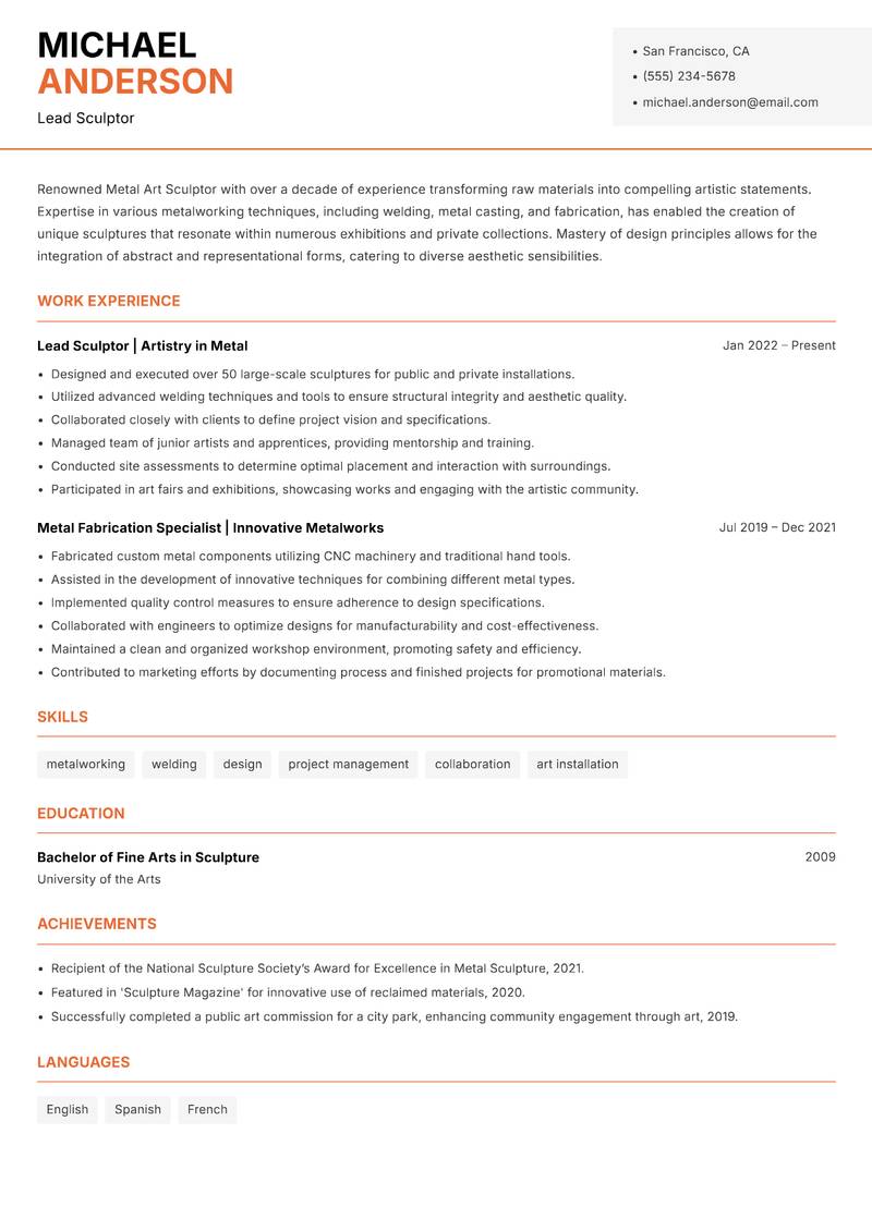 Metal Art Sculptor resume sample — Lead Sculptor focus