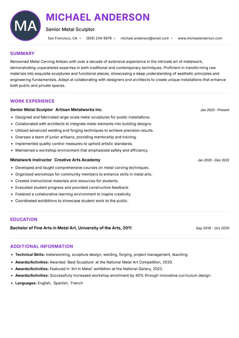 Metal Carving Artisan resume example