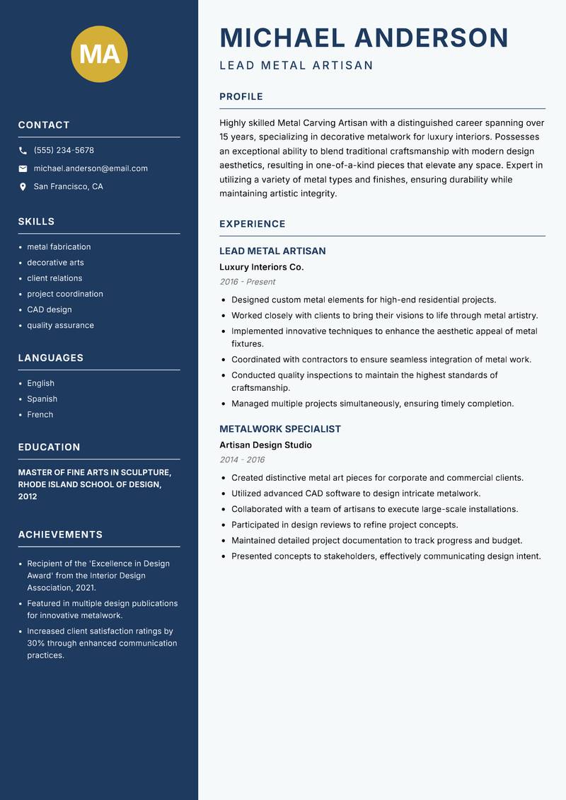 Metal Carving Artisan resume sample — Lead Metal Artisan focus