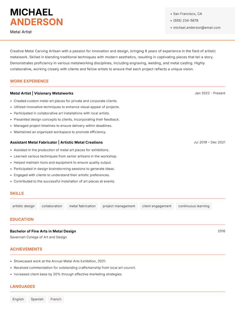 Metal Carving Artisan resume sample — Metal Artist focus